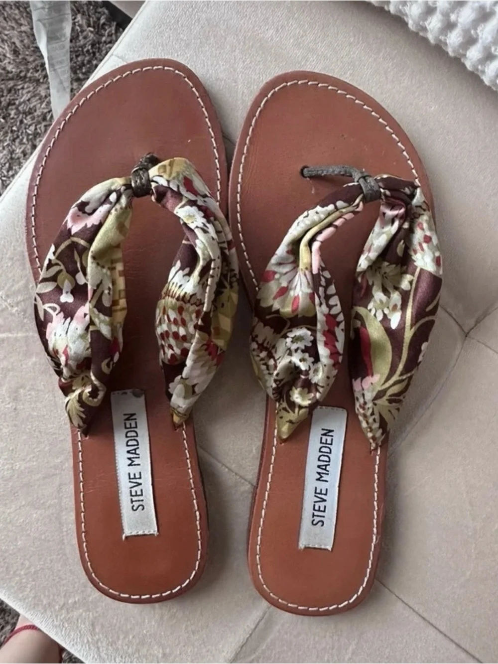 Steve Madden Brown Floral Scarf-Detail Thong Sandals